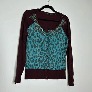 Ladies Leopard Turquoise/Brown Cardigan w/Jeweled Neckline Sz M Excellent Cond